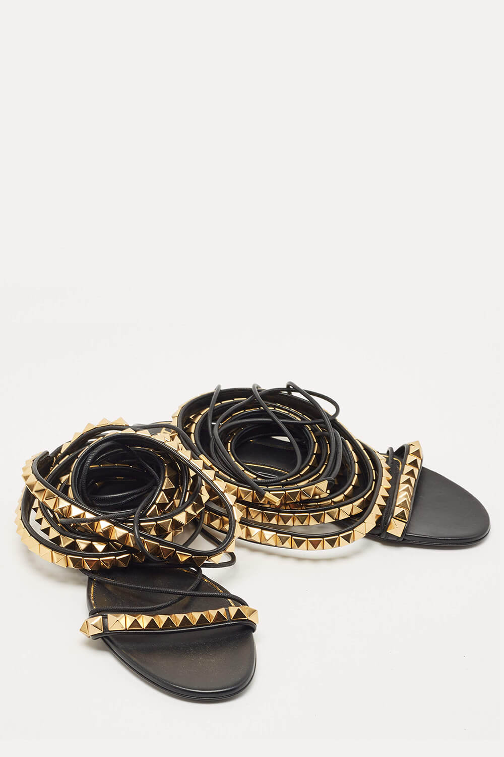 Faux Leather Lace Up Rockstud Flat Gladiator Sandals - Black