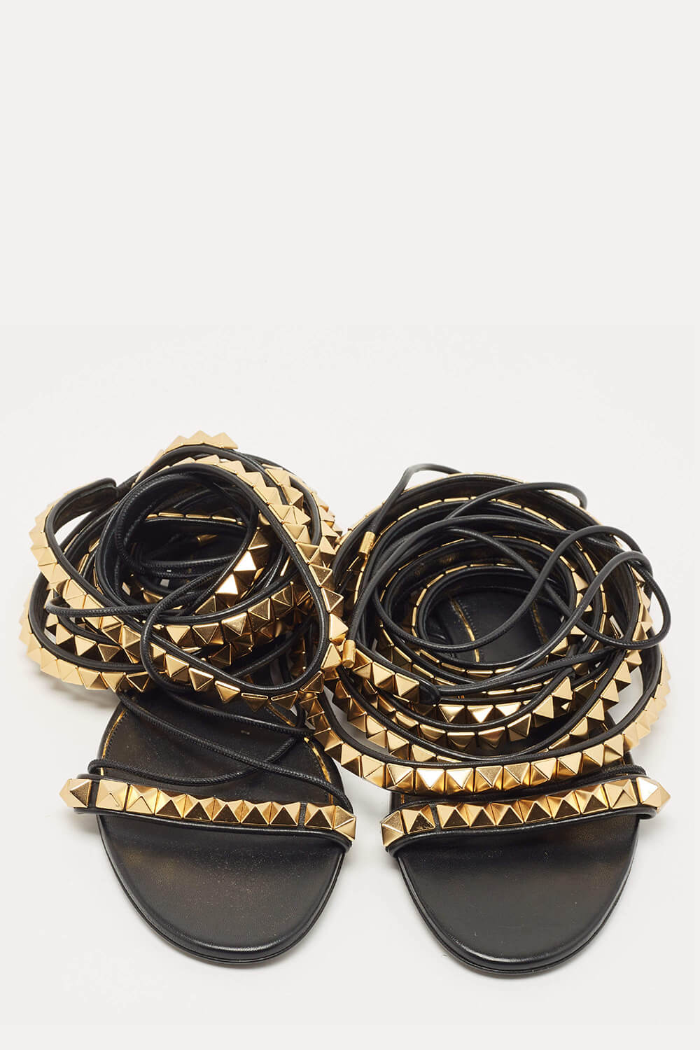 Faux Leather Lace Up Rockstud Flat Gladiator Sandals - Black