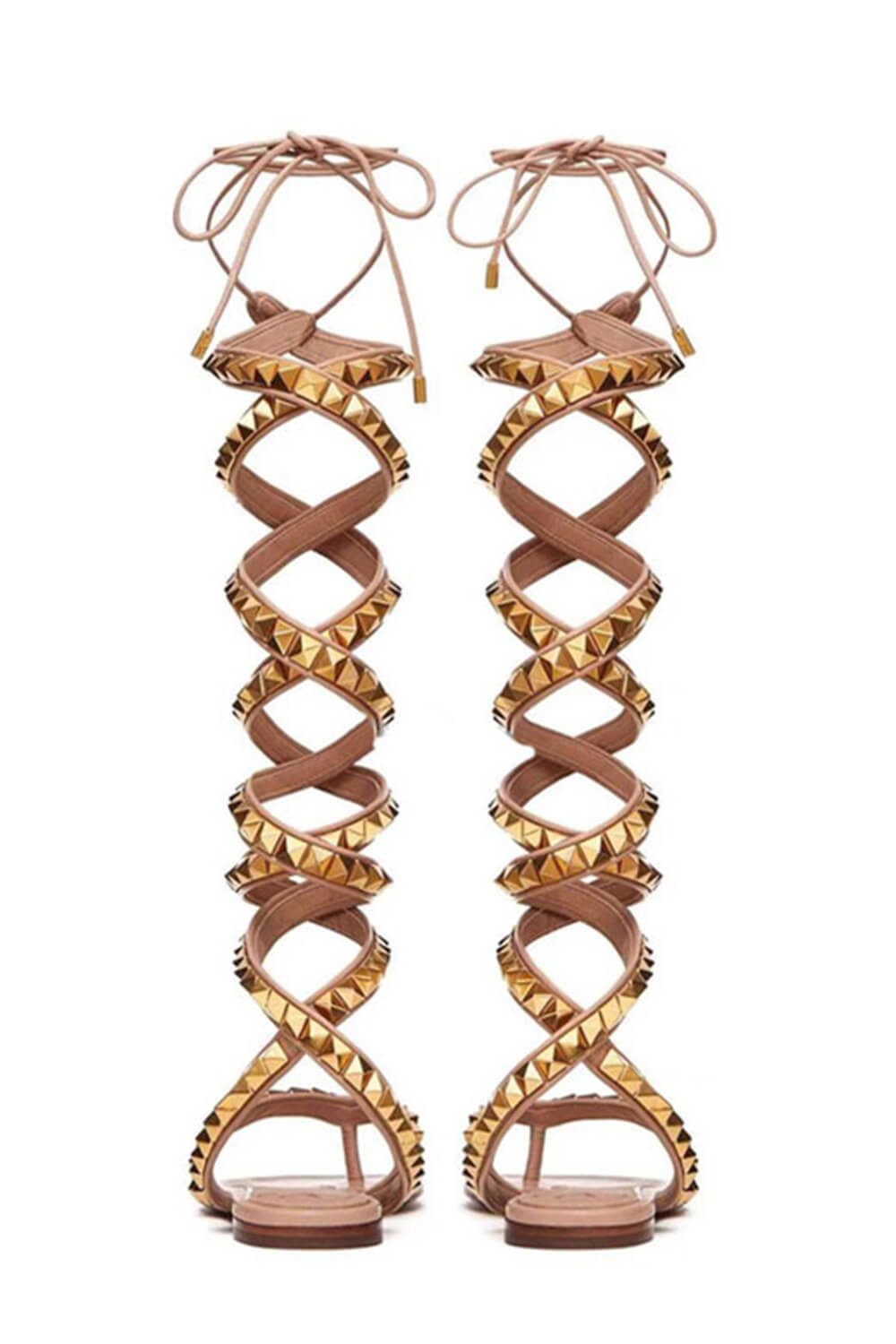 Faux Leather Lace Up Thong Rockstud Flat Gladiator Sandals - Nude