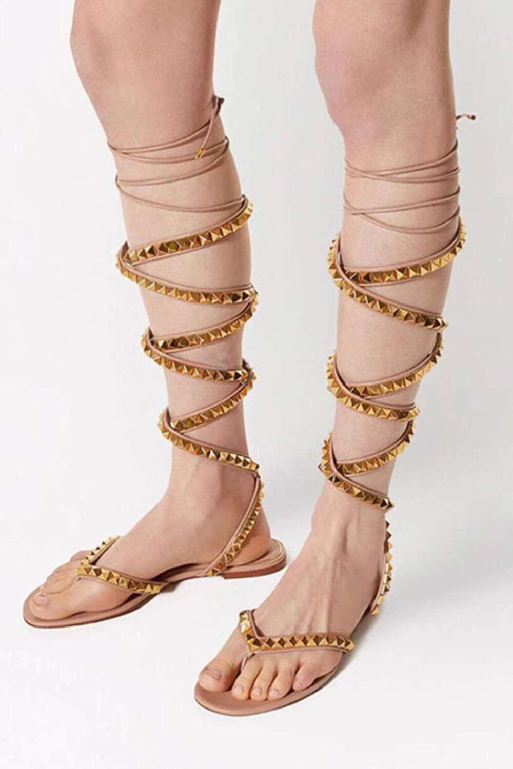 Faux Leather Lace Up Thong Rockstud Flat Gladiator Sandals - Nude
