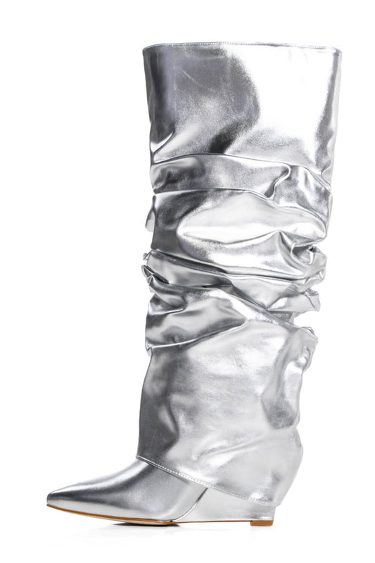 Metallic Scrunched Foldover Wedge Heel Knee High Boots - Silver