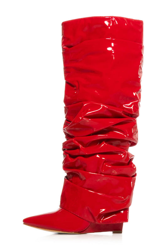 Patent Scrunched Foldover Wedge Heel Knee High Boots - Red