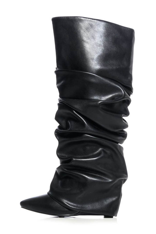 Faux Leather Scrunched Foldover Wedge Heel Knee High Boots - Black