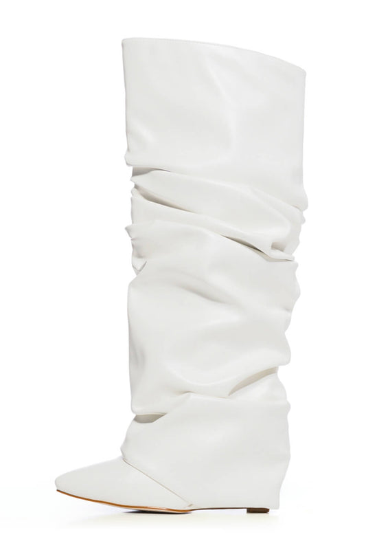 Faux Leather Scrunched Foldover Wedge Heel Knee High Boots - White