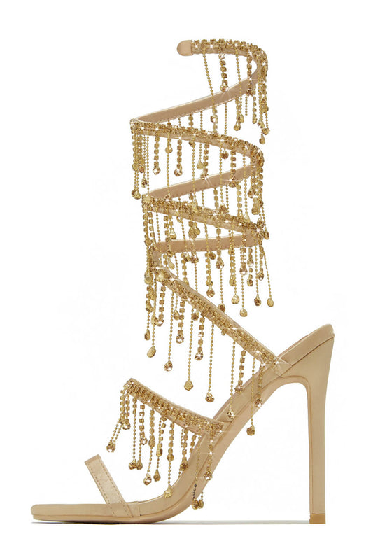 Rhinestone Embellished Around The Ankle Coil Stiletto Heels - Gold