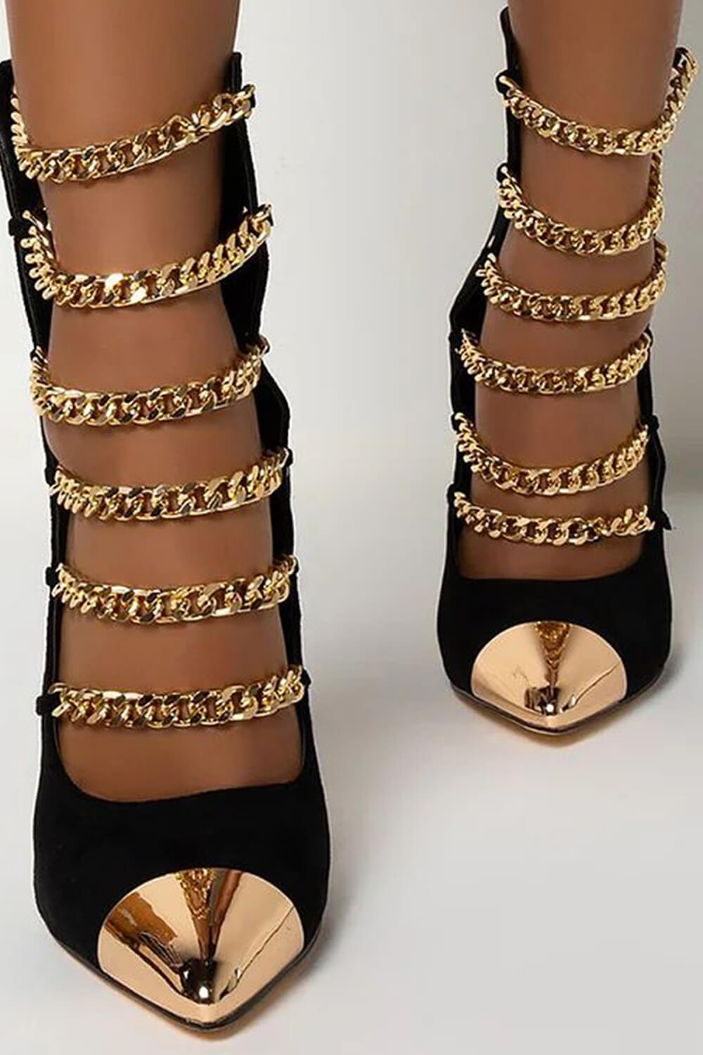 Gold Chain Pointed Toe Mid-Calf Stiletto Boots - Black