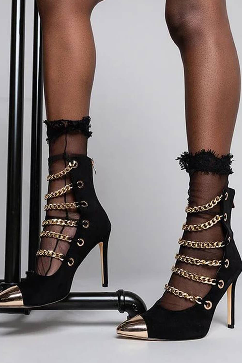 Gold Chain Pointed Toe Mid-Calf Stiletto Boots - Black