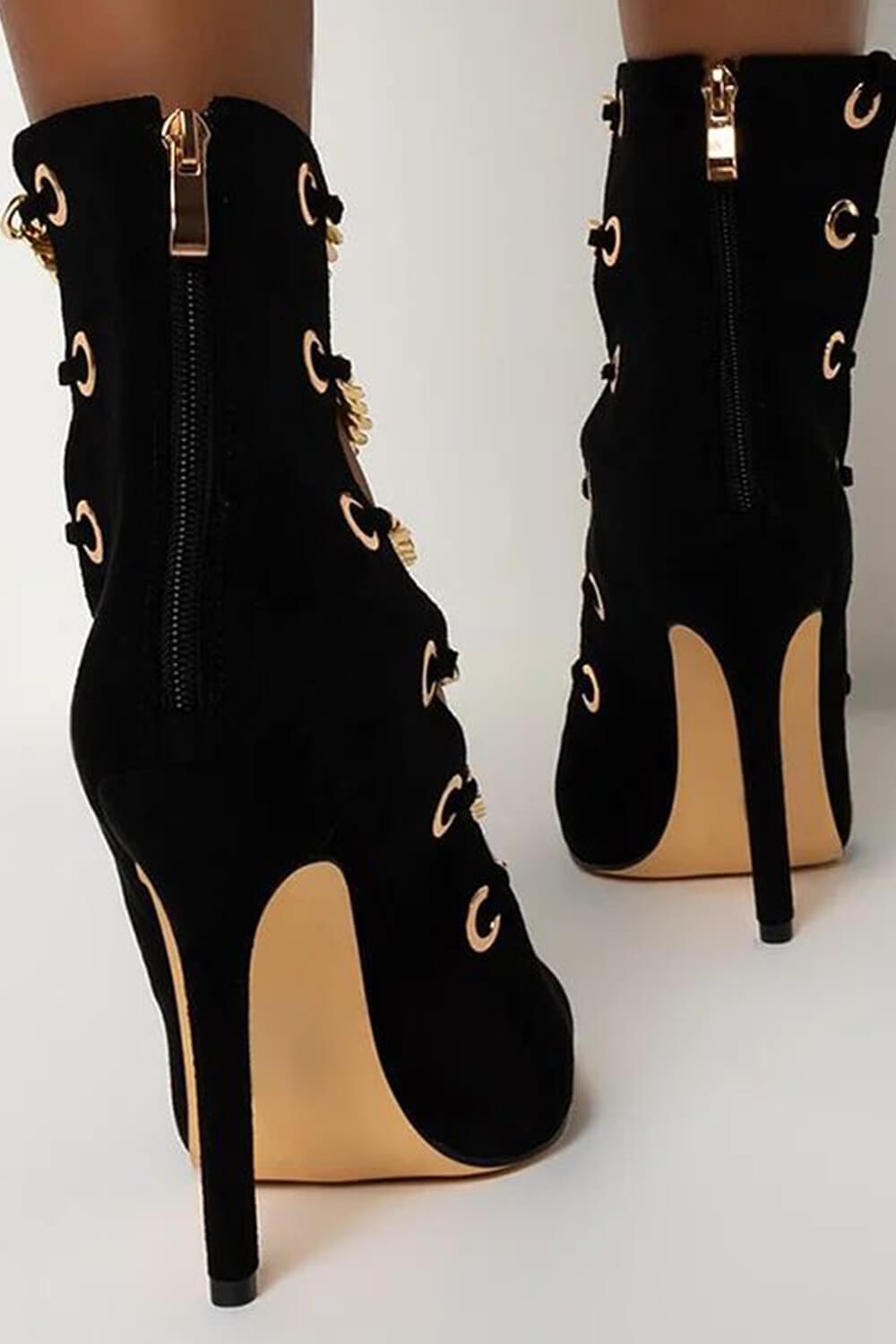 Gold Chain Pointed Toe Mid-Calf Stiletto Boots - Black