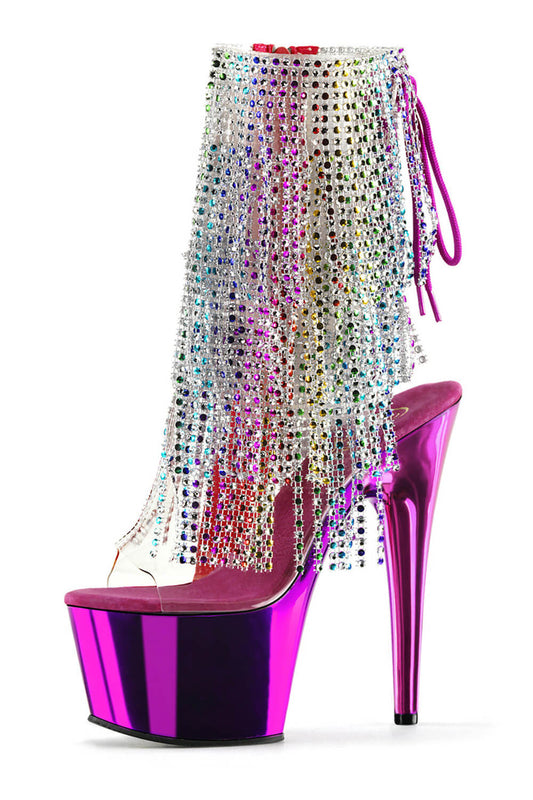 Diamante Fringe Platform Clear Perspex Open Toe Ankle Boots - Hot Pink
