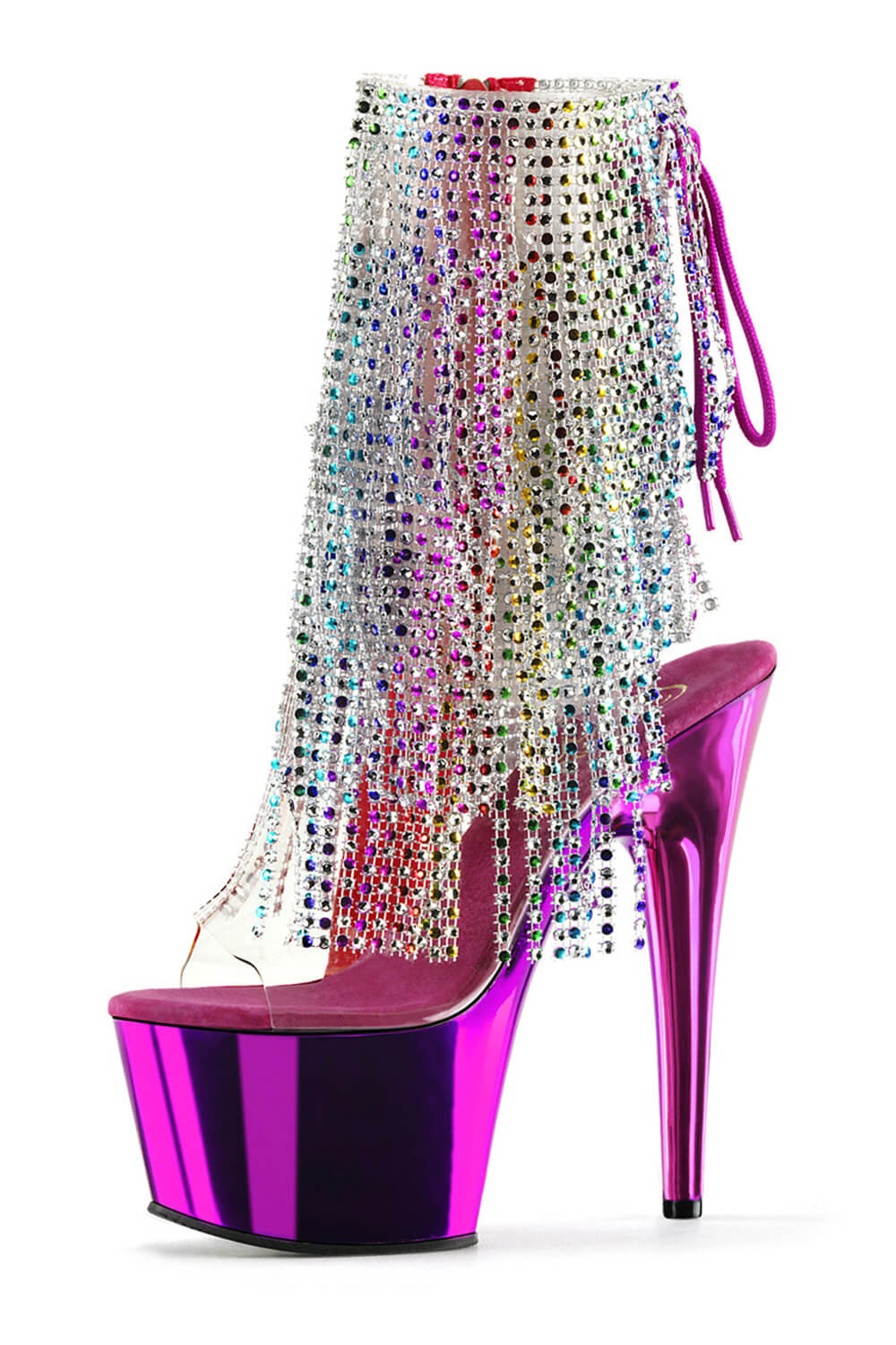 Diamante Fringe Platform Clear Perspex Open Toe Ankle Boots - Hot Pink