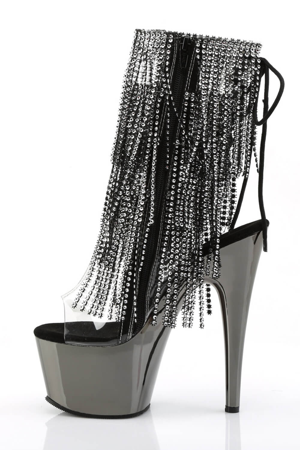 Diamante Fringe Platform Clear Perspex Open Toe Ankle Boots - Black