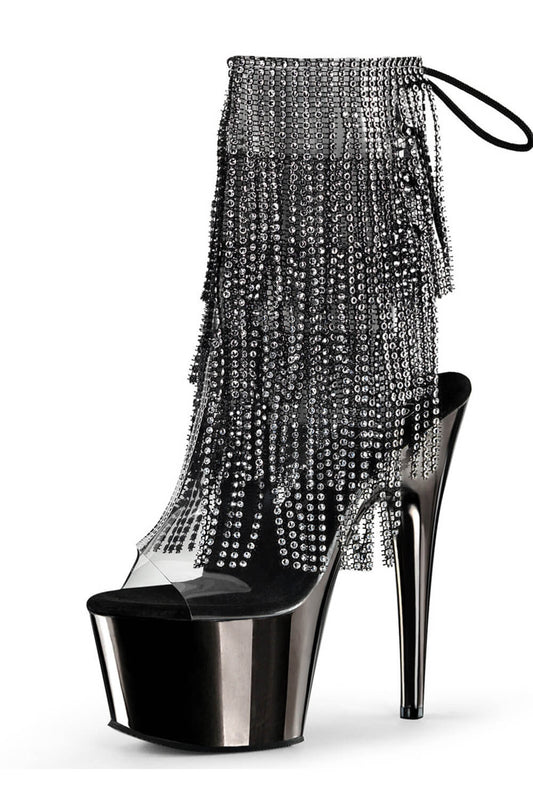 Diamante Fringe Platform Clear Perspex Open Toe Ankle Boots - Black