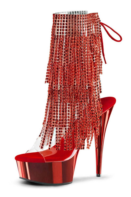 Diamante Fringe Platform Clear Perspex Open Toe Ankle Boots - Red