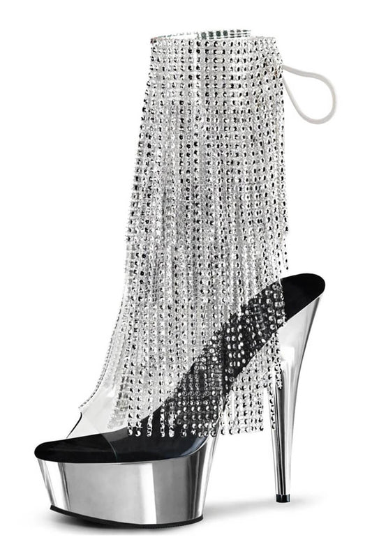 Diamante Fringe Platform Clear Perspex Open Toe Ankle Boots - Silver