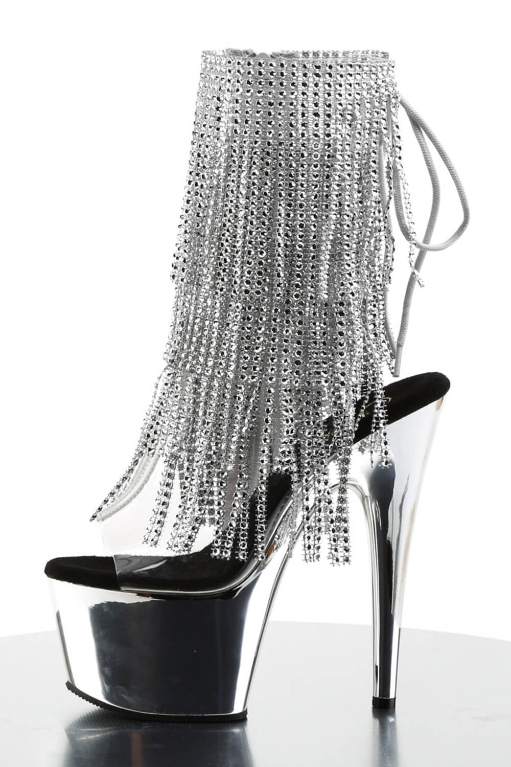 Diamante Fringe Platform Clear Perspex Open Toe Ankle Boots - Silver