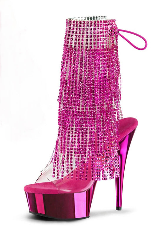 Diamante Fringe Platform Clear Perspex Open Toe Ankle Boots - Purple