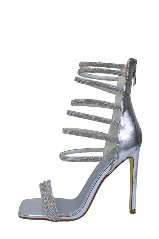 Diamante Embellished Straps Square Toe Ankle Stiletto Heels - Silver