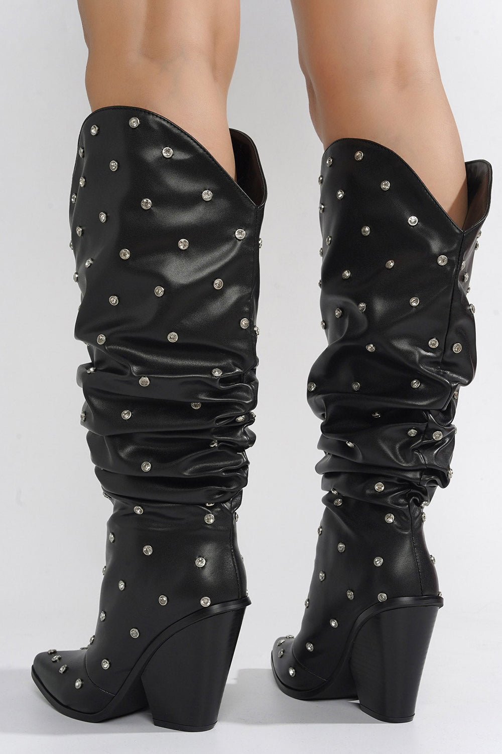 Rhinestone-Embellished Slouch Western Pointed Toe Mid-Calf Block Heeled Boots - Black