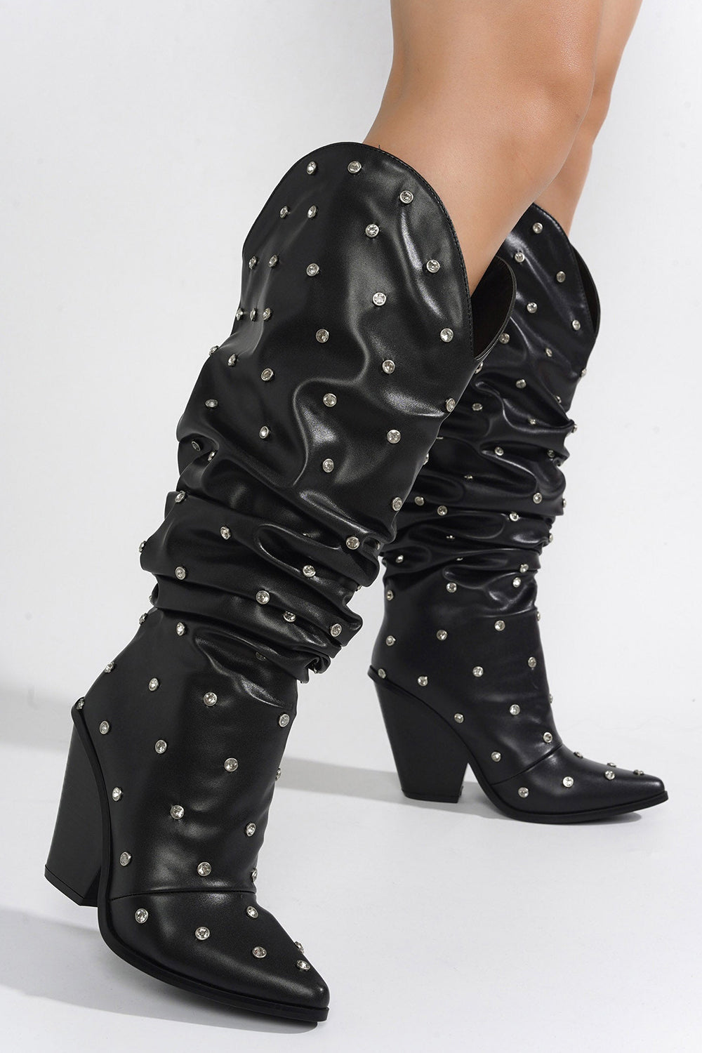 Rhinestone-Embellished Slouch Western Pointed Toe Mid-Calf Block Heeled Boots - Black