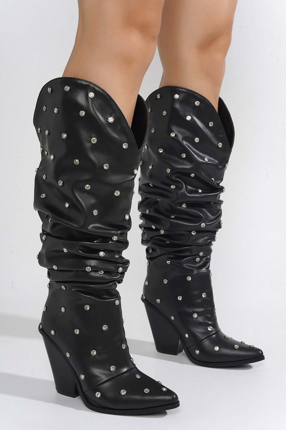 Rhinestone-Embellished Slouch Western Pointed Toe Mid-Calf Block Heeled Boots - Black