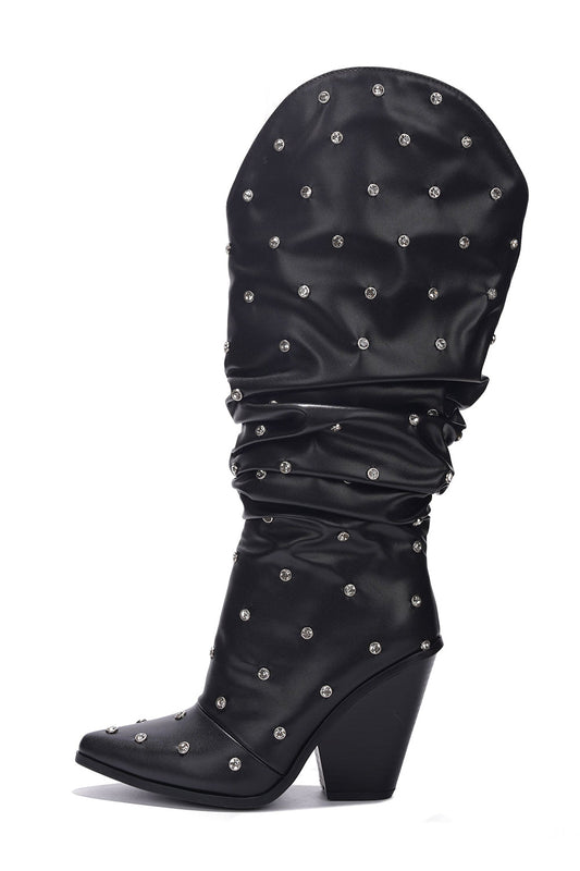 Rhinestone-Embellished Slouch Western Pointed Toe Mid-Calf Block Heeled Boots - Black