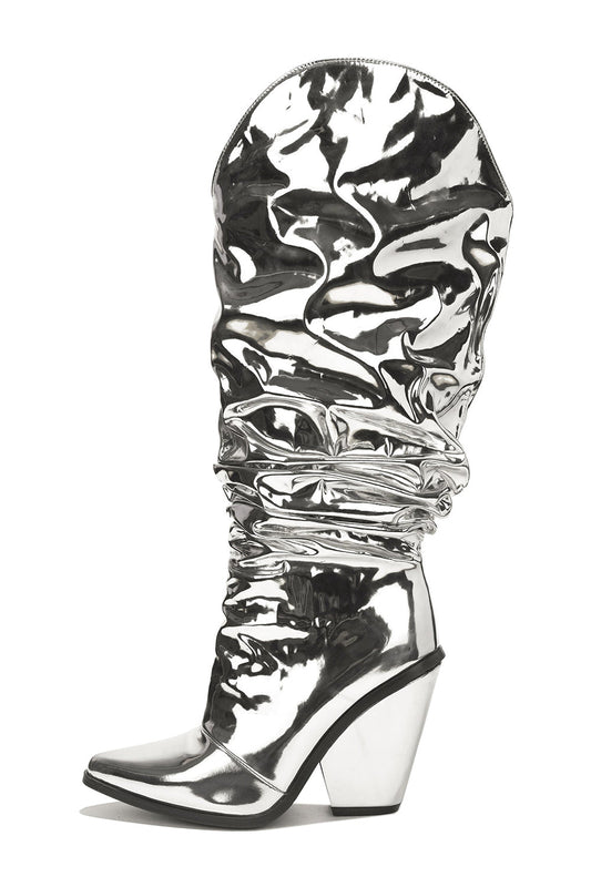 Metallic Slouch Western Pointed Toe Knee-High Block Heeled Boots - Silver