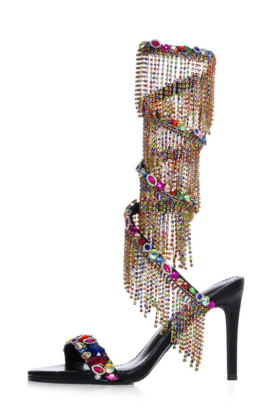 Multi Gemstone-Embellished Fringe Trim Ankle Wrap Open Toe High Heel Sandals