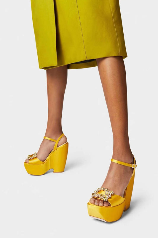 Crystal And Bead Platform Wedge Sandals - Yellow