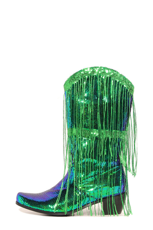 Metallic Patent Sequined Fringe Western Mid-Calf Boots - Green