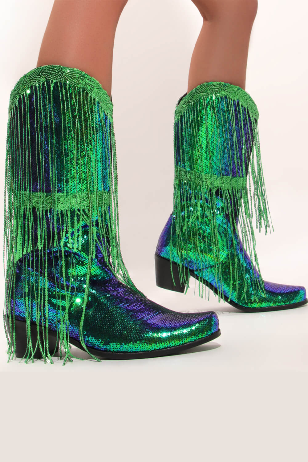 Metallic Patent Sequined Fringe Western Mid-Calf Boots - Green