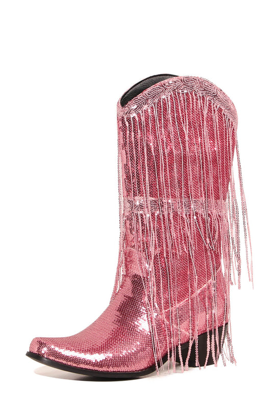 Metallic Patent Sequined Fringe Western Mid-Calf Boots - Pink