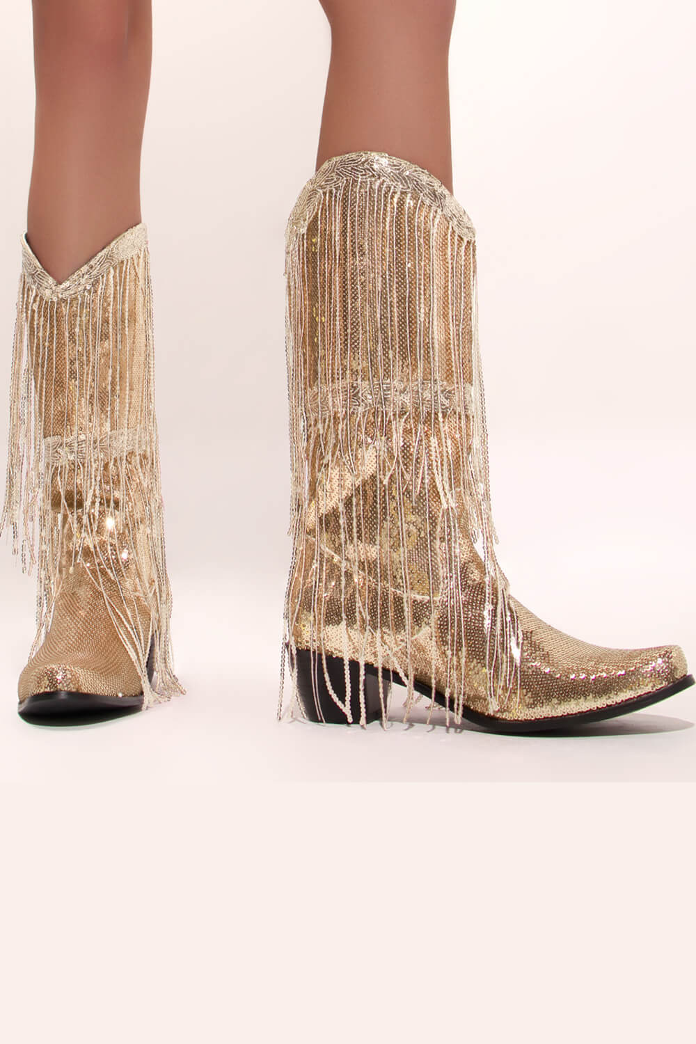 Metallic Patent Sequined Fringe Western Mid-Calf Boots - Gold