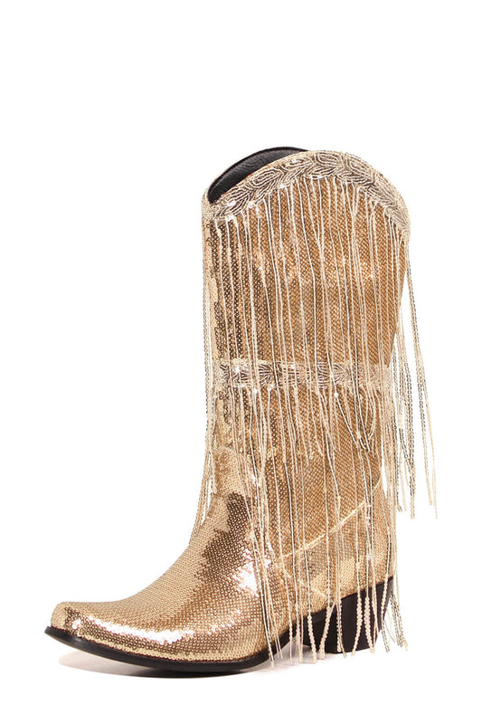 Metallic Patent Sequined Fringe Western Mid-Calf Boots - Gold