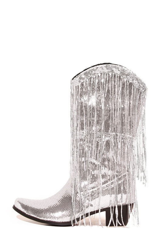Metallic Patent Sequined Fringe Western Mid-Calf Boots - Silver