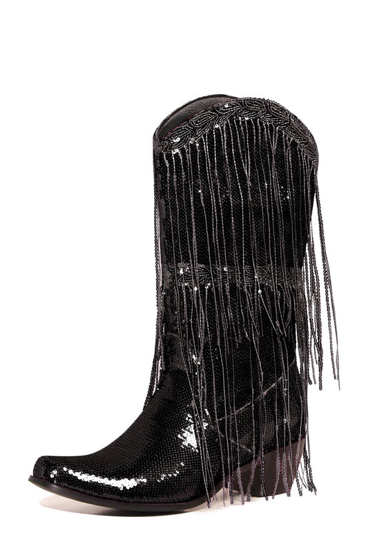 Metallic Patent Sequined Fringe Western Mid-Calf Boots - Black