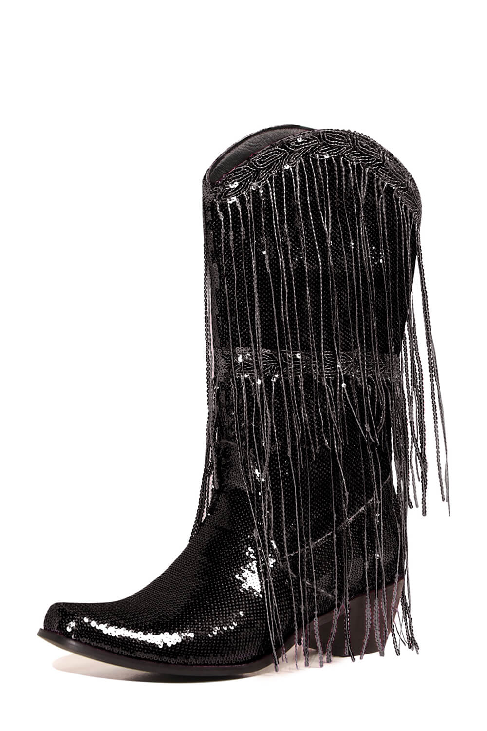 Metallic Patent Sequined Fringe Western Mid-Calf Boots - Black