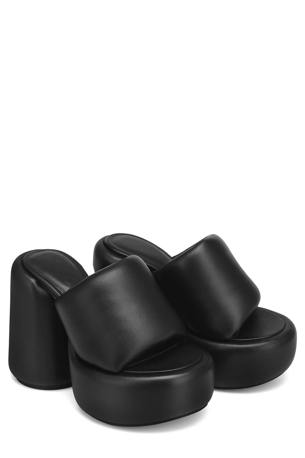 Padded Faux Leather Open Toe Platform Block Heeled Mule Sandals - Black