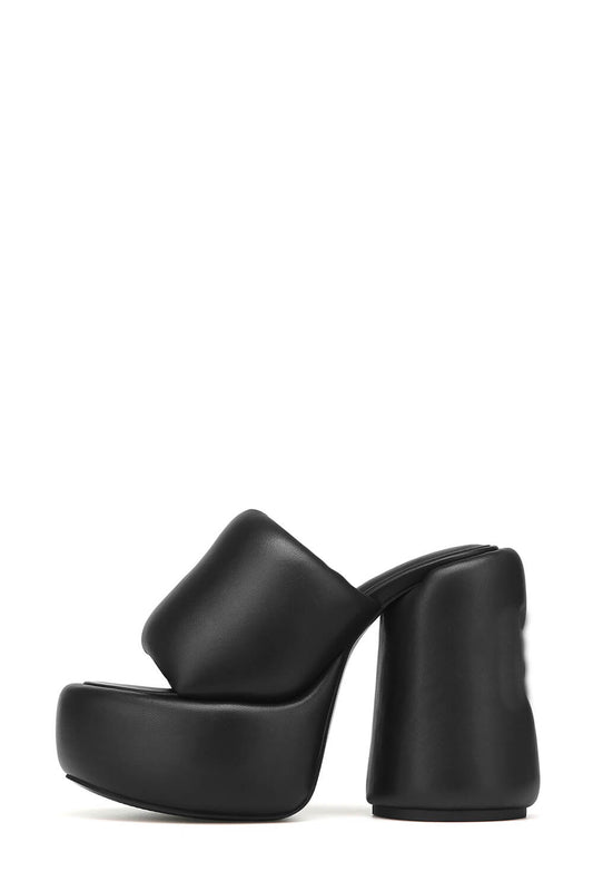 Padded Faux Leather Open Toe Platform Block Heeled Mule Sandals - Black