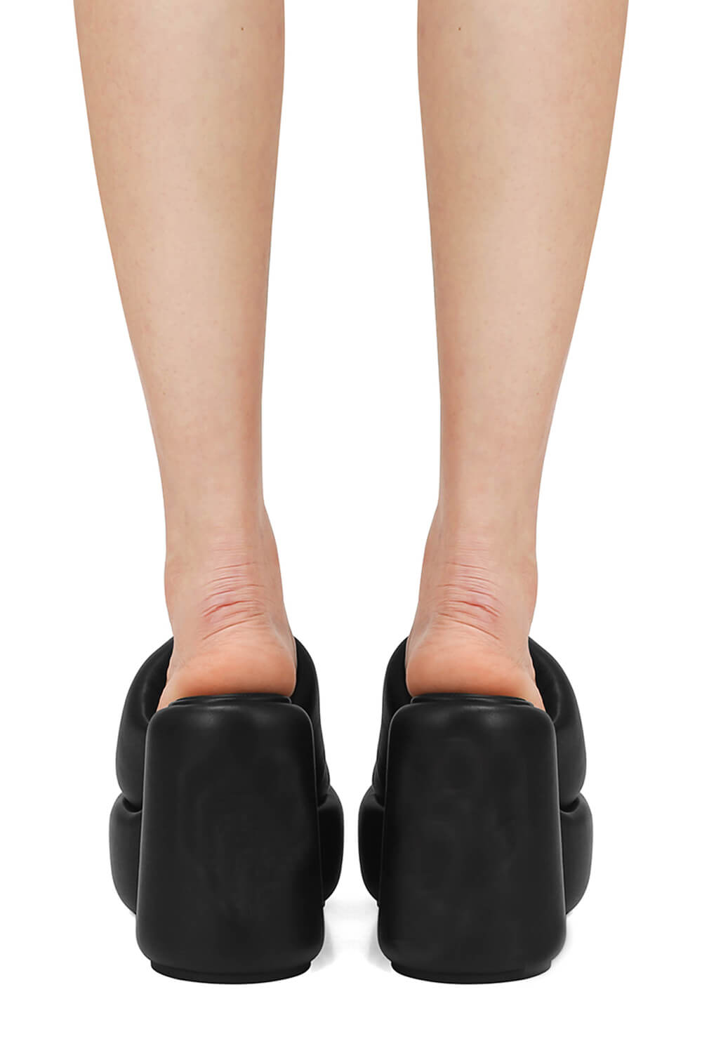 Padded Faux Leather Open Toe Platform Block Heeled Mule Sandals - Black