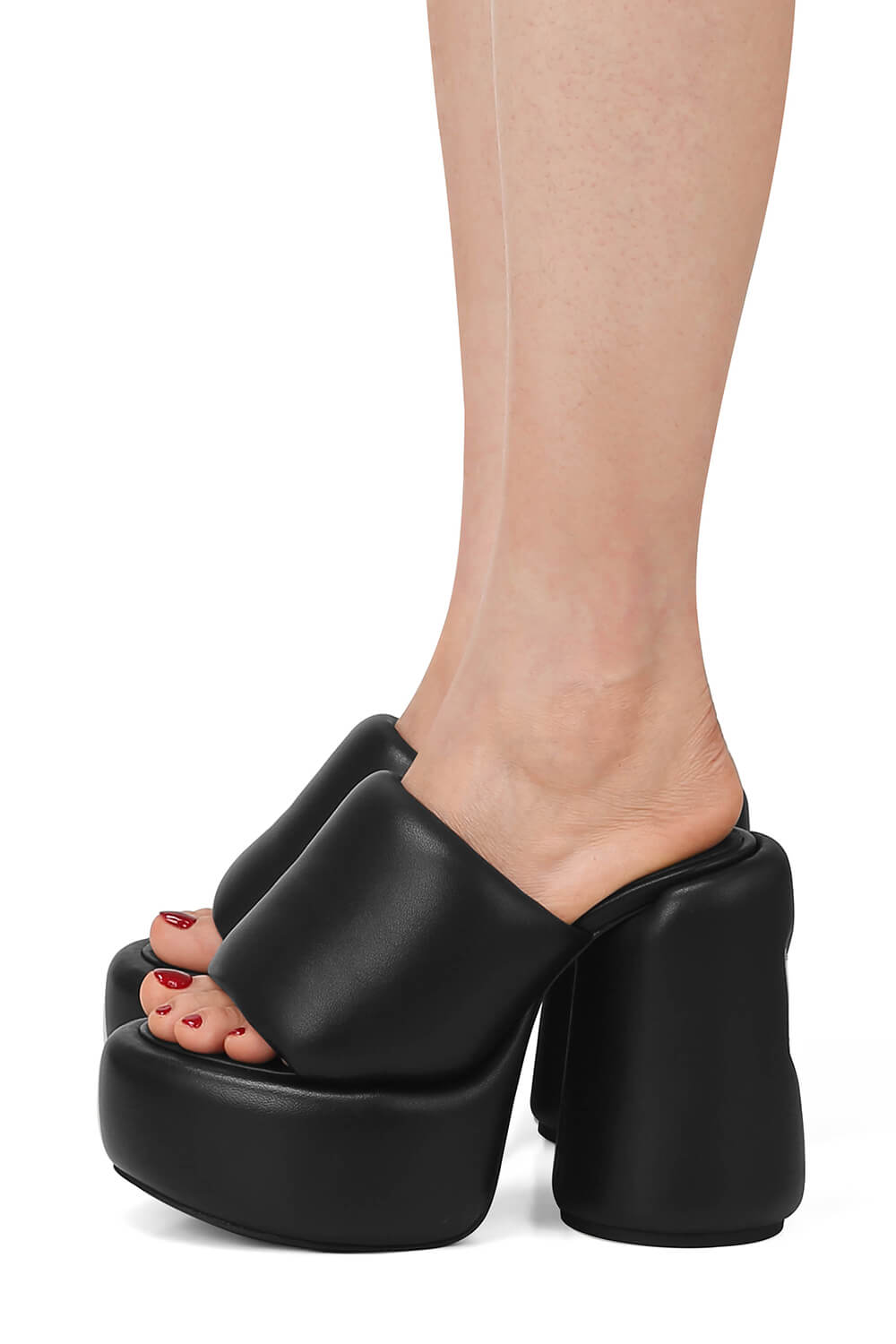 Padded Faux Leather Open Toe Platform Block Heeled Mule Sandals - Black