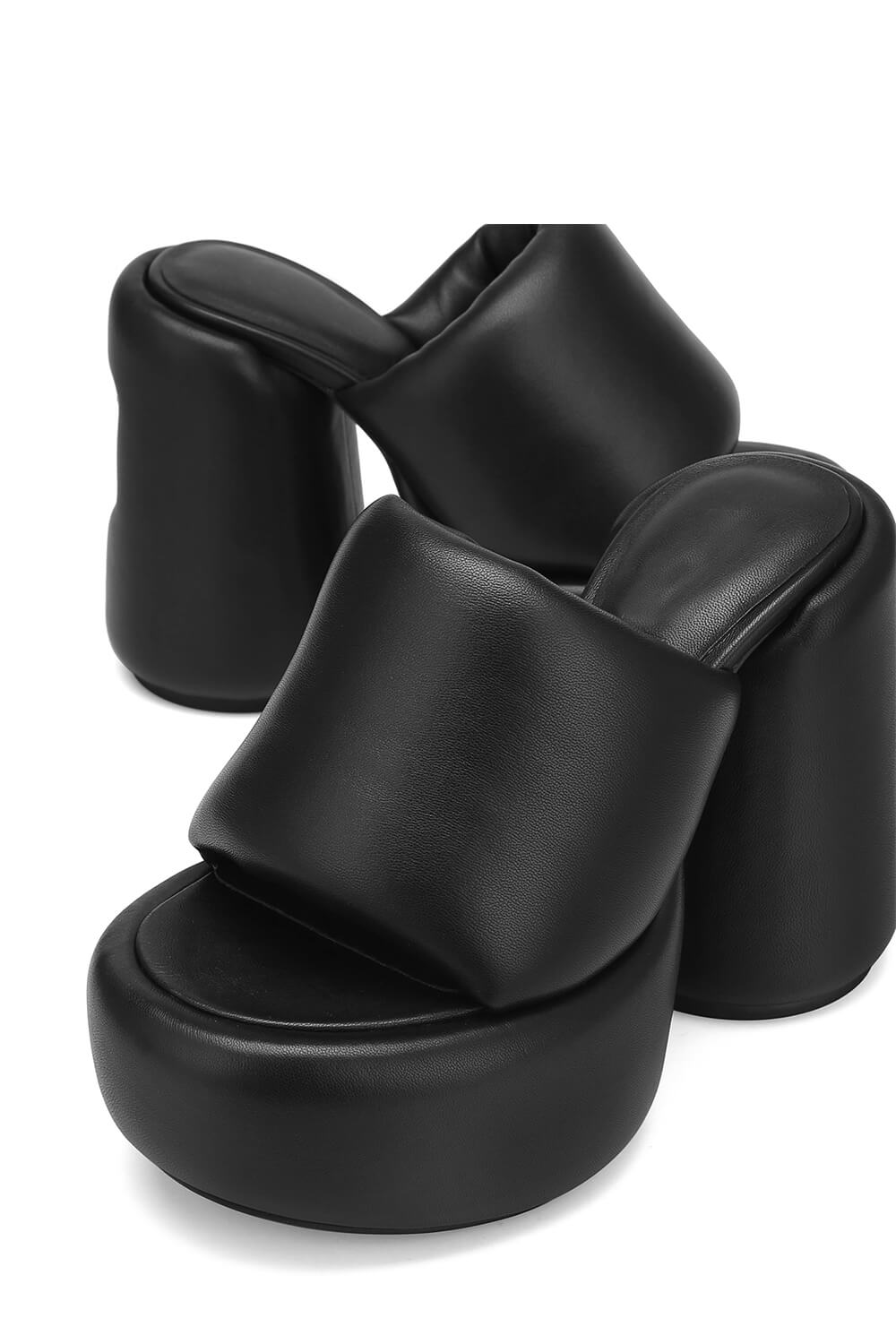 Padded Faux Leather Open Toe Platform Block Heeled Mule Sandals - Black