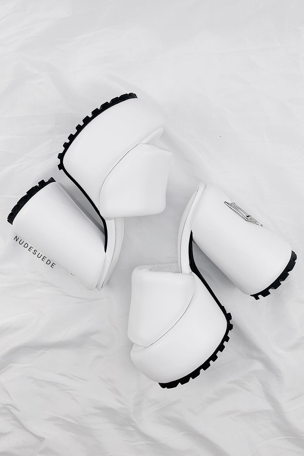Padded Faux Leather Open Toe Platform Block Heeled Mule Sandals - White