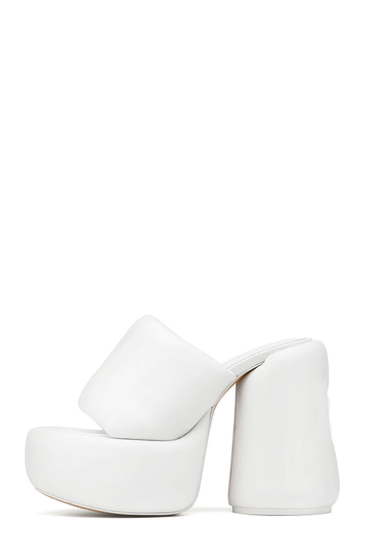 Padded Faux Leather Open Toe Platform Block Heeled Mule Sandals - White