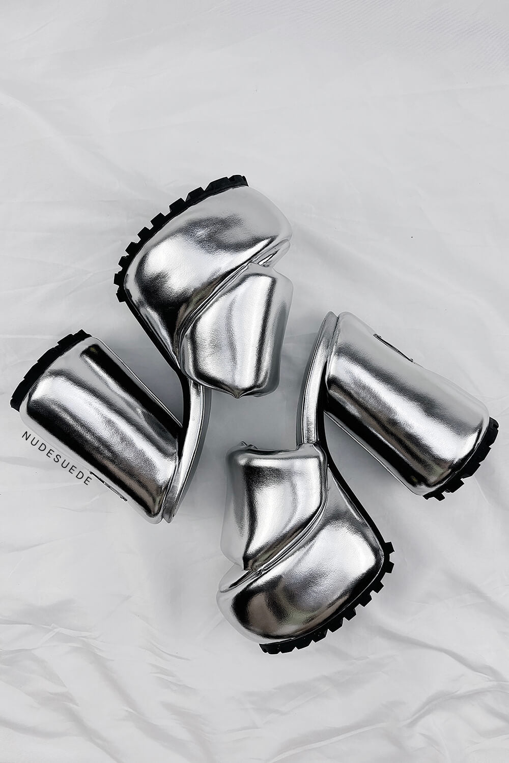 Padded Faux Leather Open Toe Platform Block Heeled Mule Sandals - Silver