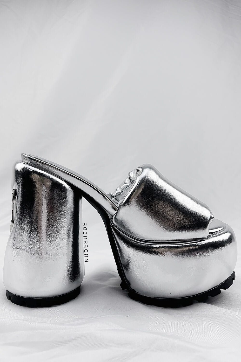 Padded Faux Leather Open Toe Platform Block Heeled Mule Sandals - Silver