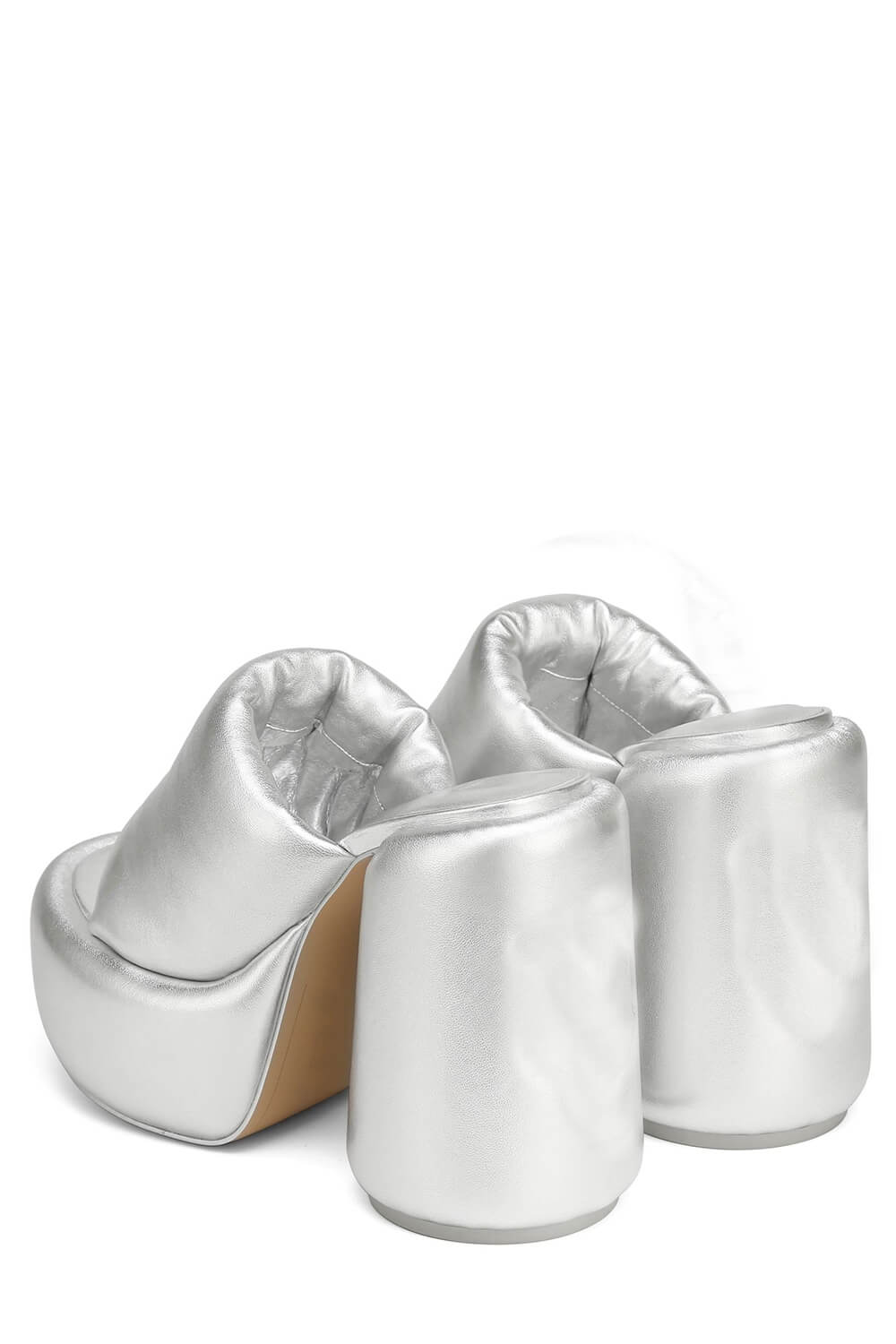 Padded Faux Leather Open Toe Platform Block Heeled Mule Sandals - Silver