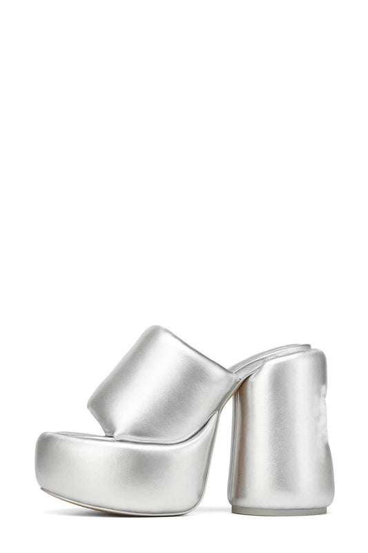 Padded Faux Leather Open Toe Platform Block Heeled Mule Sandals - Silver