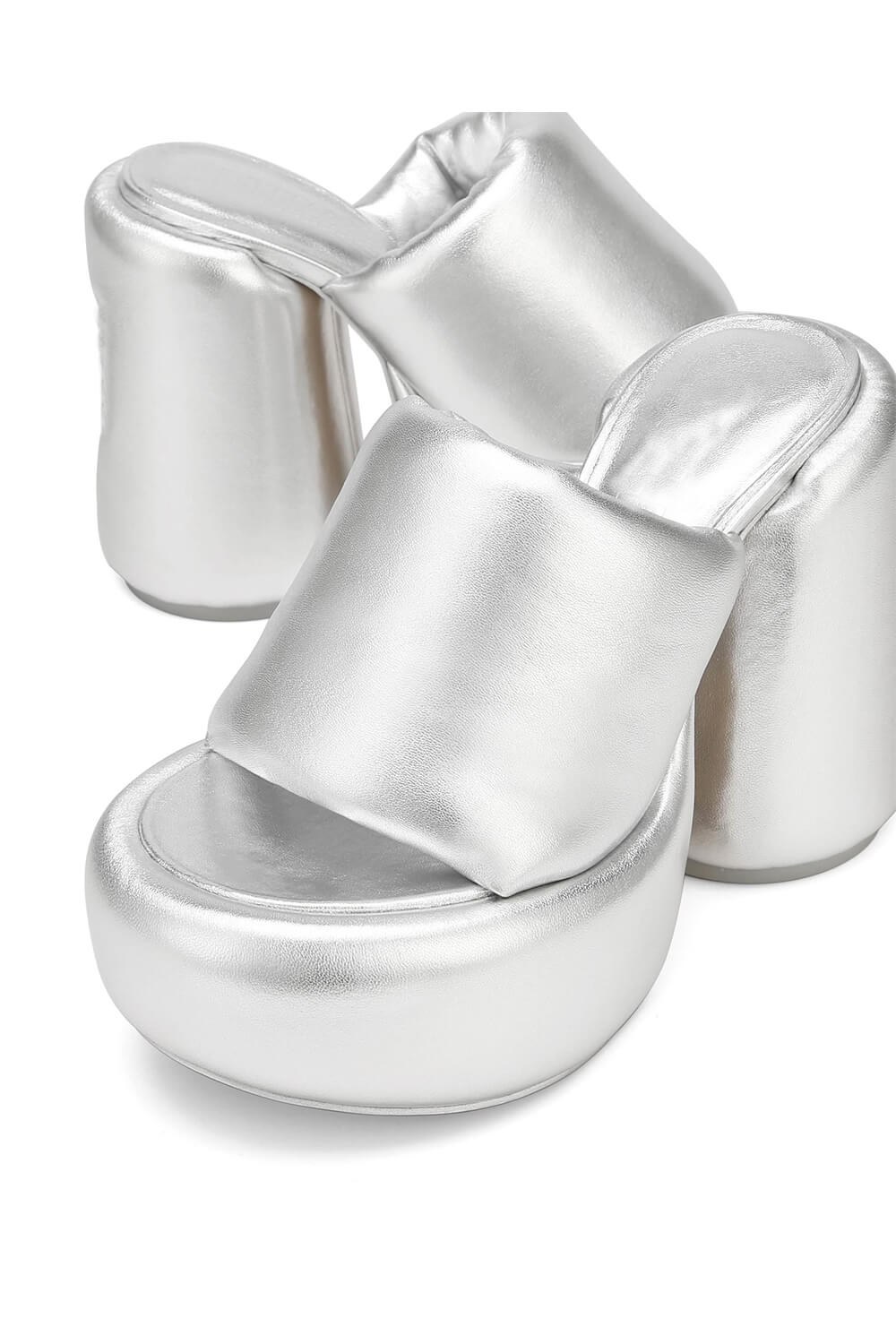 Padded Faux Leather Open Toe Platform Block Heeled Mule Sandals - Silver