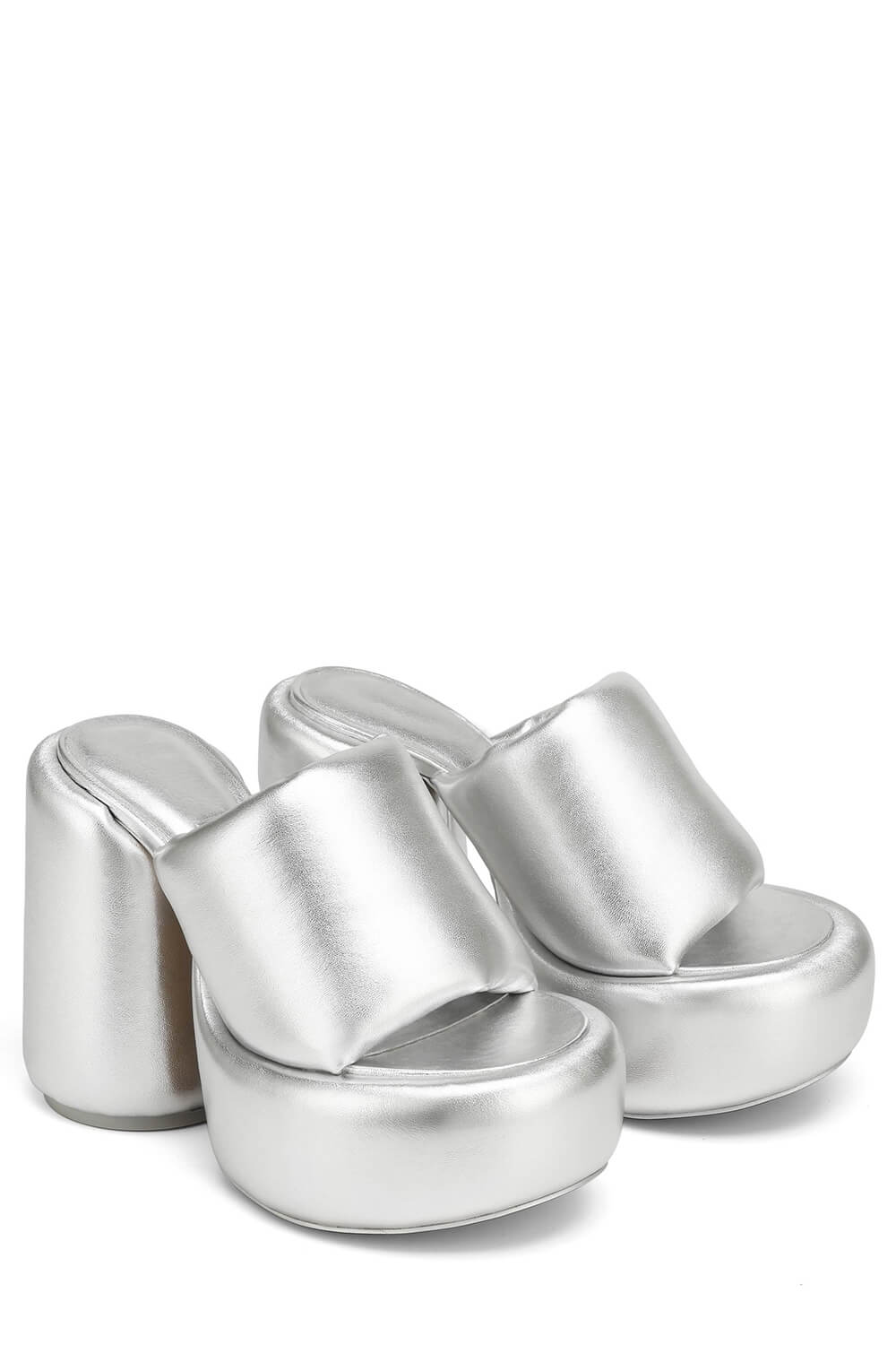 Padded Faux Leather Open Toe Platform Block Heeled Mule Sandals - Silver