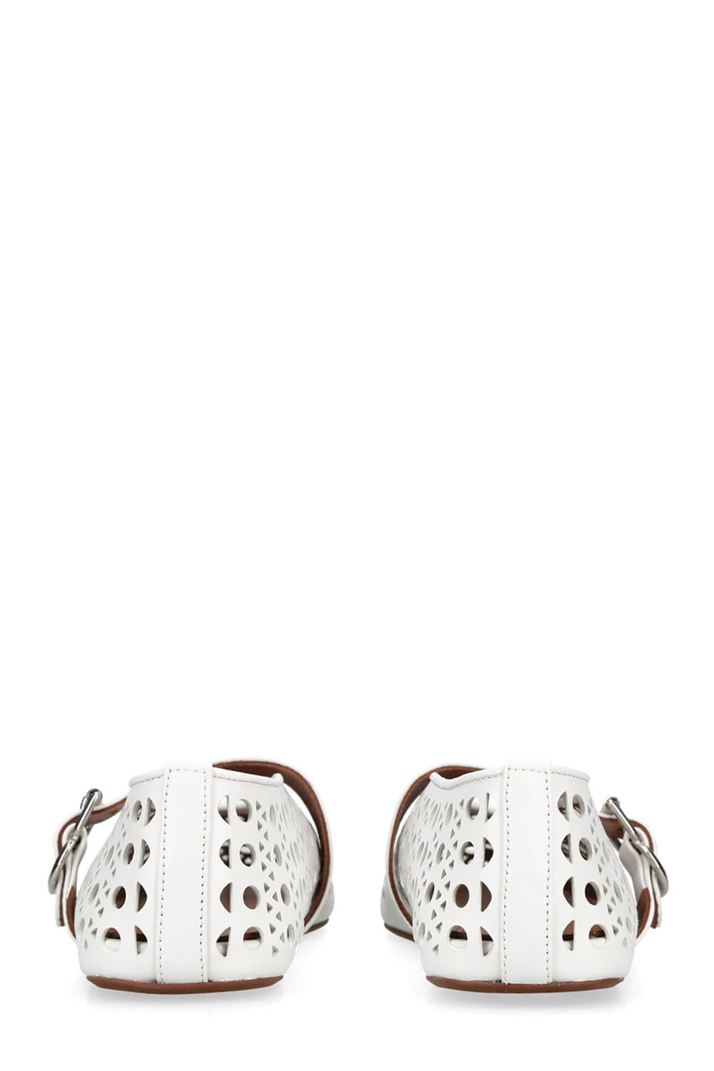 Faux Leather Laser-Cut Buckled Ballet Flats - White